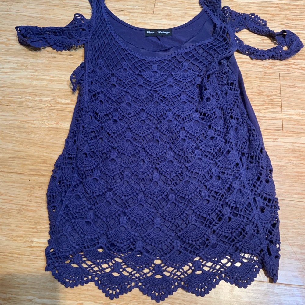 Indigo cold shoulder lacy front blouse